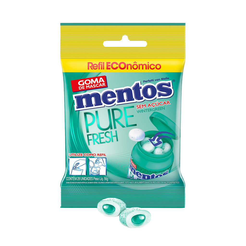 Refil de Gomas de Mascar, Sem Açúcar, Sabor de Menta Verde, Display, Mentos, Pure Fresh Wintergreen - 168 g | 3 Unidades