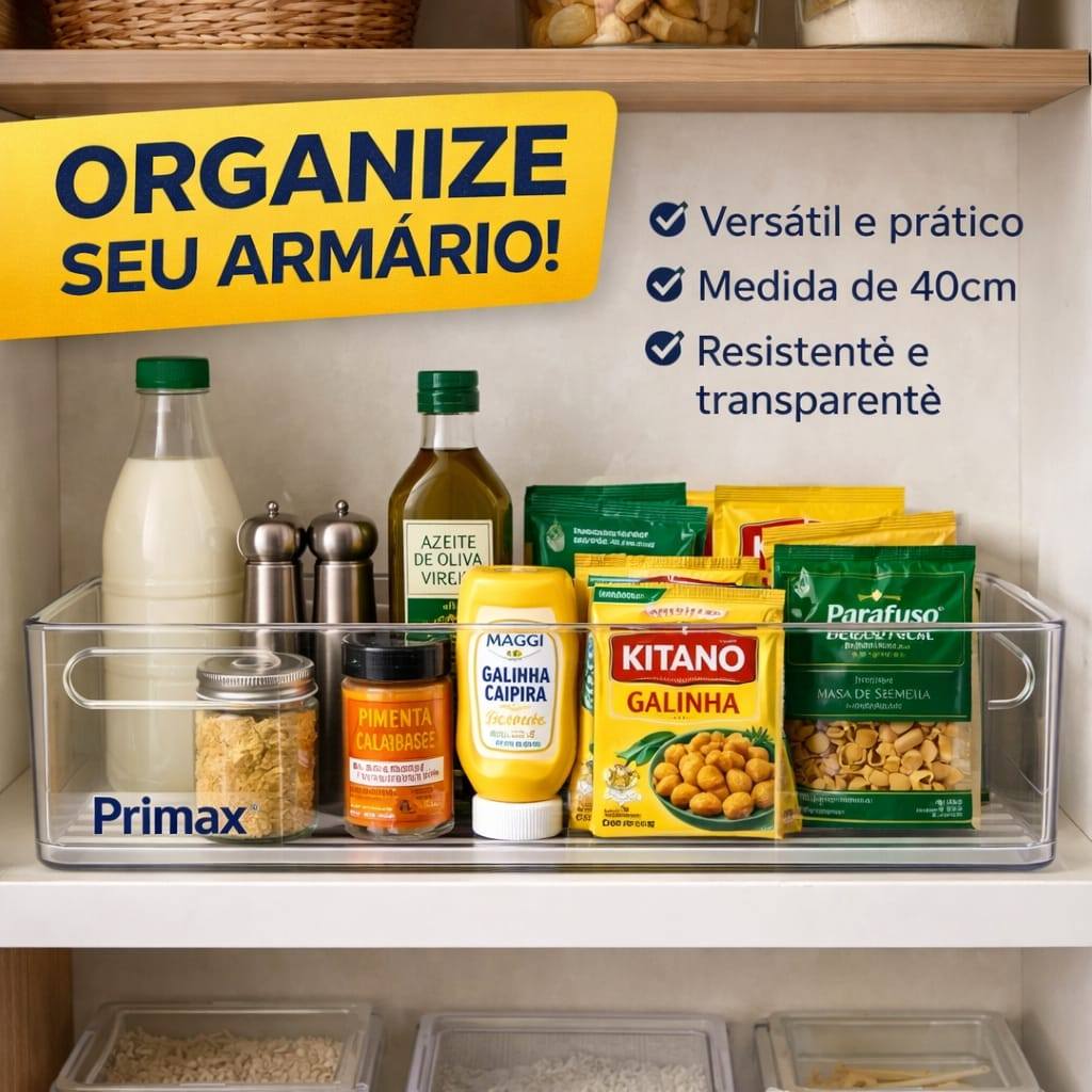 Organizador Geladeira Transparente 40cm Multiuso Acrílico 3,3L Cozinha Armário Dispensa Primax