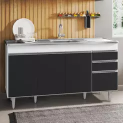 Balcão Gabinete com Pia Inox 150cm 4 Portas 2 Gavetas Marrocos Branco/Preto - Lumil