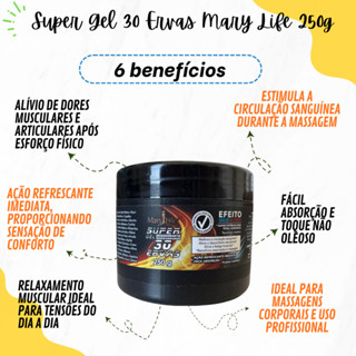 Super Gel 30 Ervas Mary Life 250g Gel Massageador Relaxante Corporal Refrescante em Oferta na Shopee