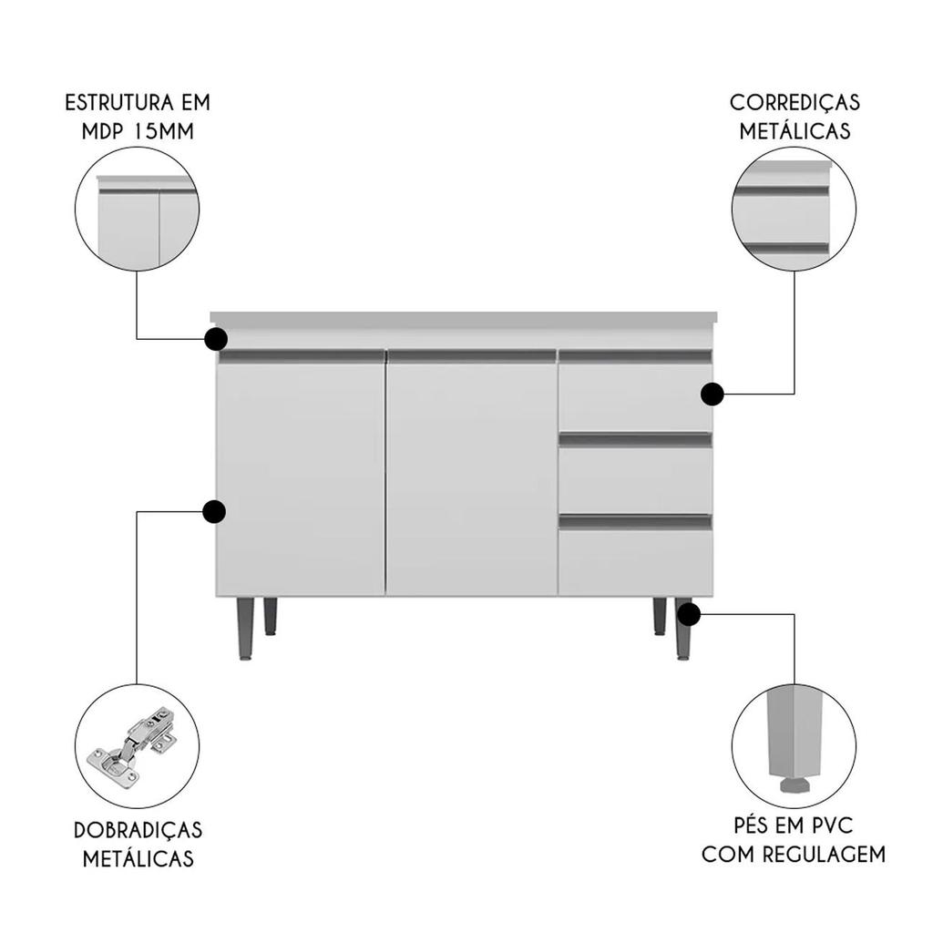 Balcão de Cozinha Com Pia Inox 100cm 3 Gavetas Andréia Branco - AJL Móveis · foto 2