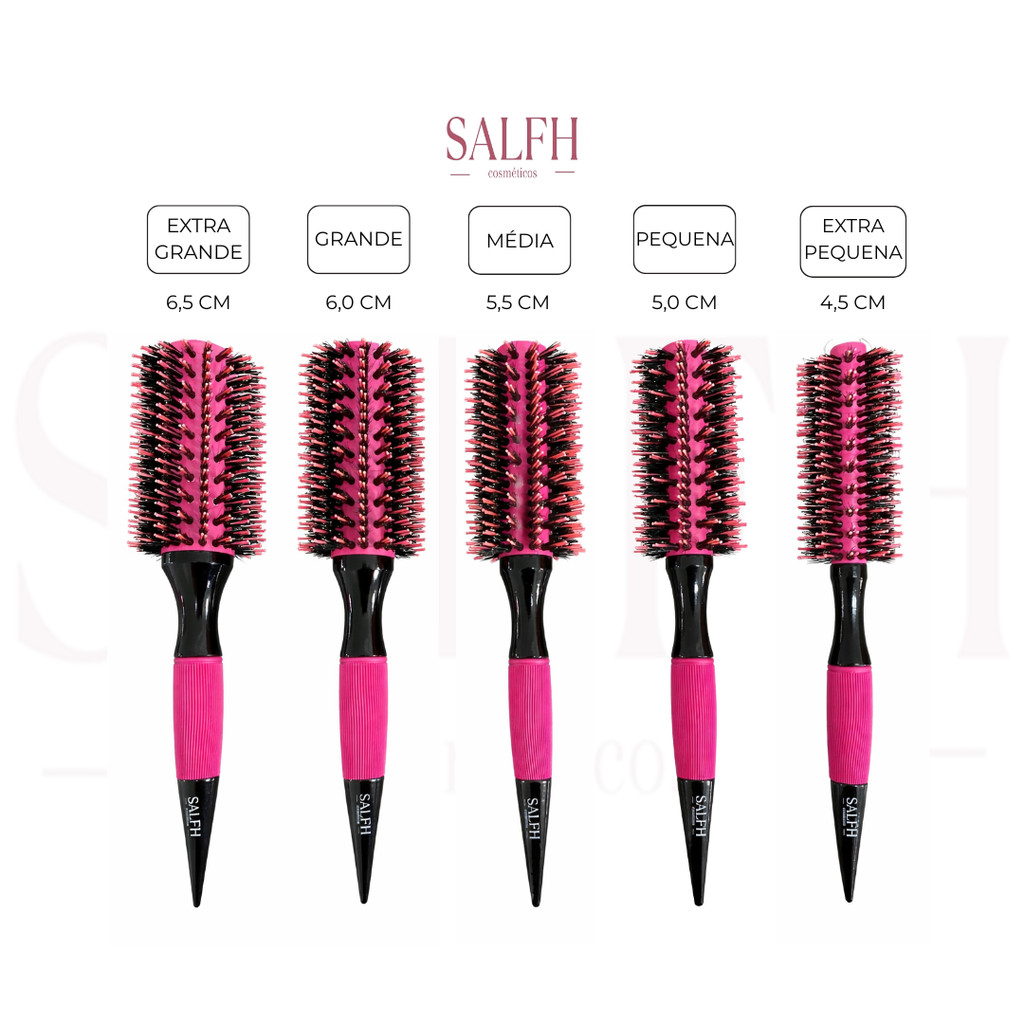 Kit 5 Escova de Cabelo Profissional Cerâmica Cabeleireiro Cerdas de Javali e Nylon Cor Rosa Salfh