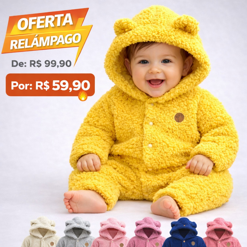 Macacão Bebê Pelúcia Carneirinho Capuz Quentinho Inverno Roupa Bebê 0 a 3 Anos Unissex Várias Cores