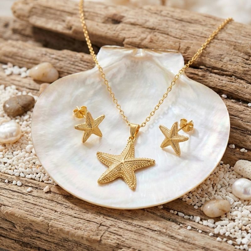Conjunto Colar e Brincos Estrela do Mar Dourado - Folheado Moda Praia Verão Sereia Tendência