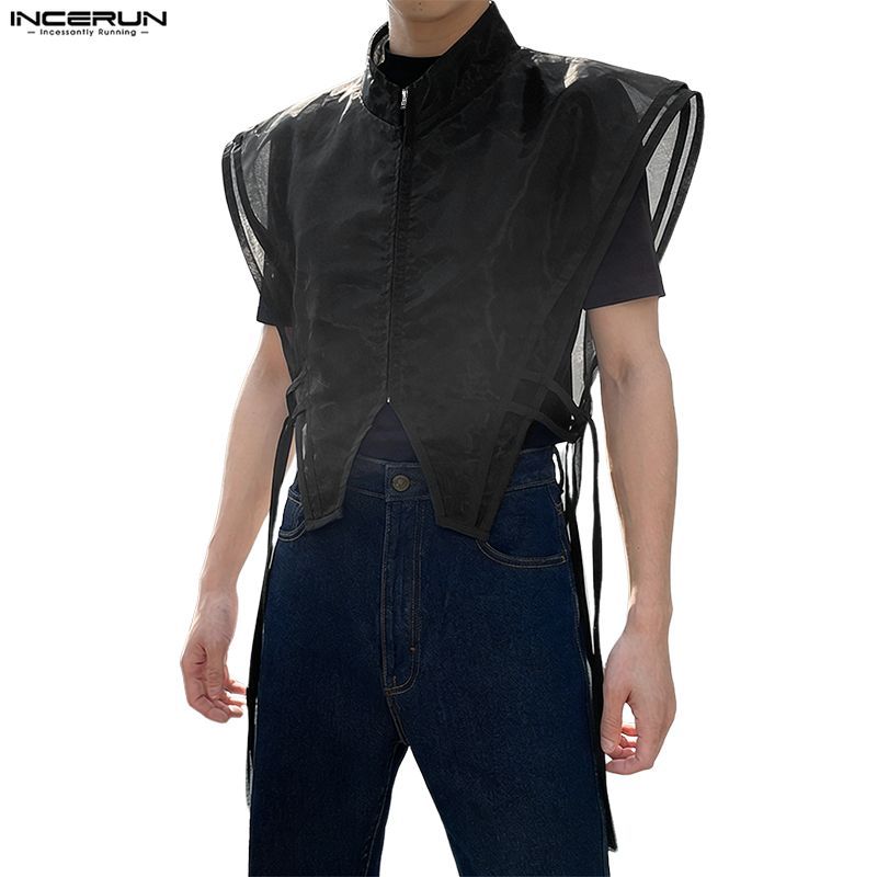 INCERUN Colete Masculino Vintage Moderno Inspirado Em Alta Tecnologia Com Gola E Design Estruturado Zíper