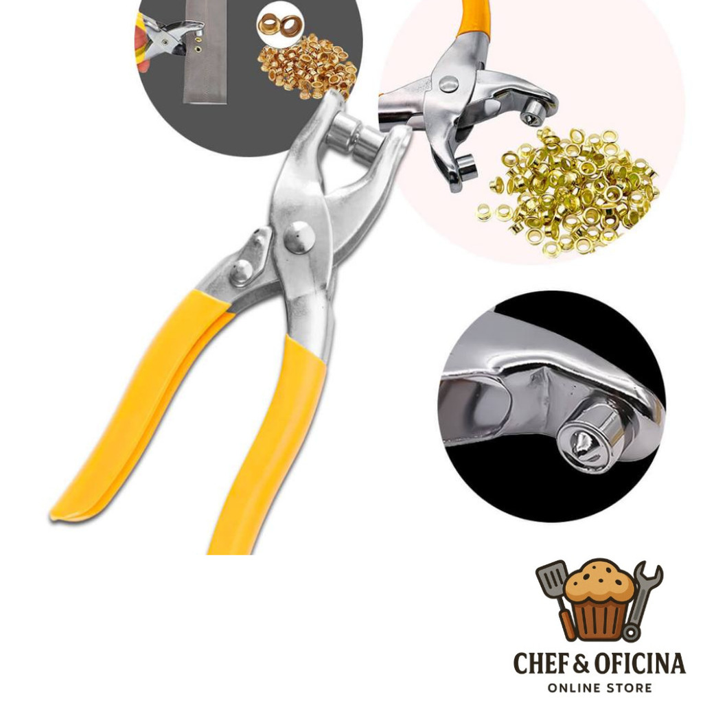 Alicate Para Colocar Ilhos Manual + 100 Ilhoses Dourados em Oferta na Shopee