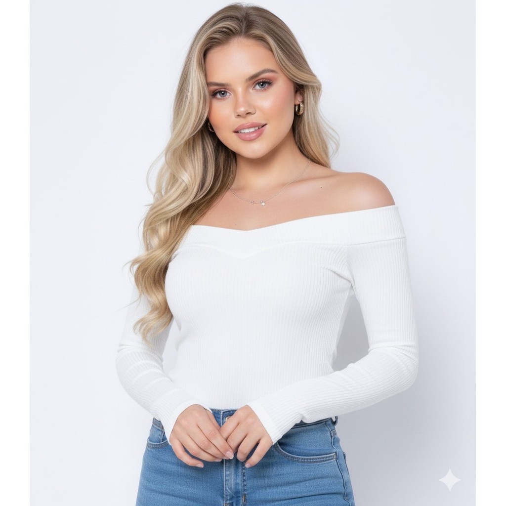 blusa feminina canelada ombro a ombro elastano manga longa moderna