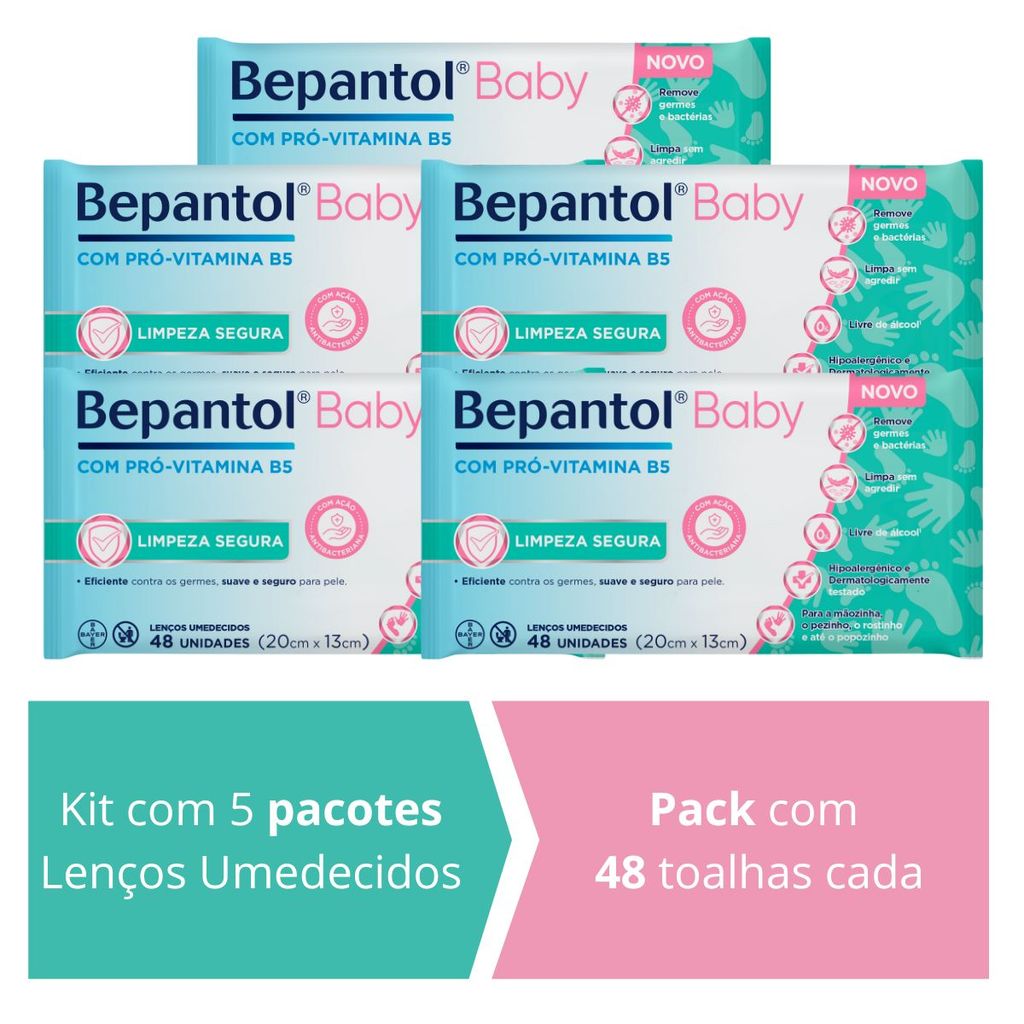 Kit 5 Lenços Umedecidos Proteção Antibac 48un cada Bepantol em Oferta na Shopee