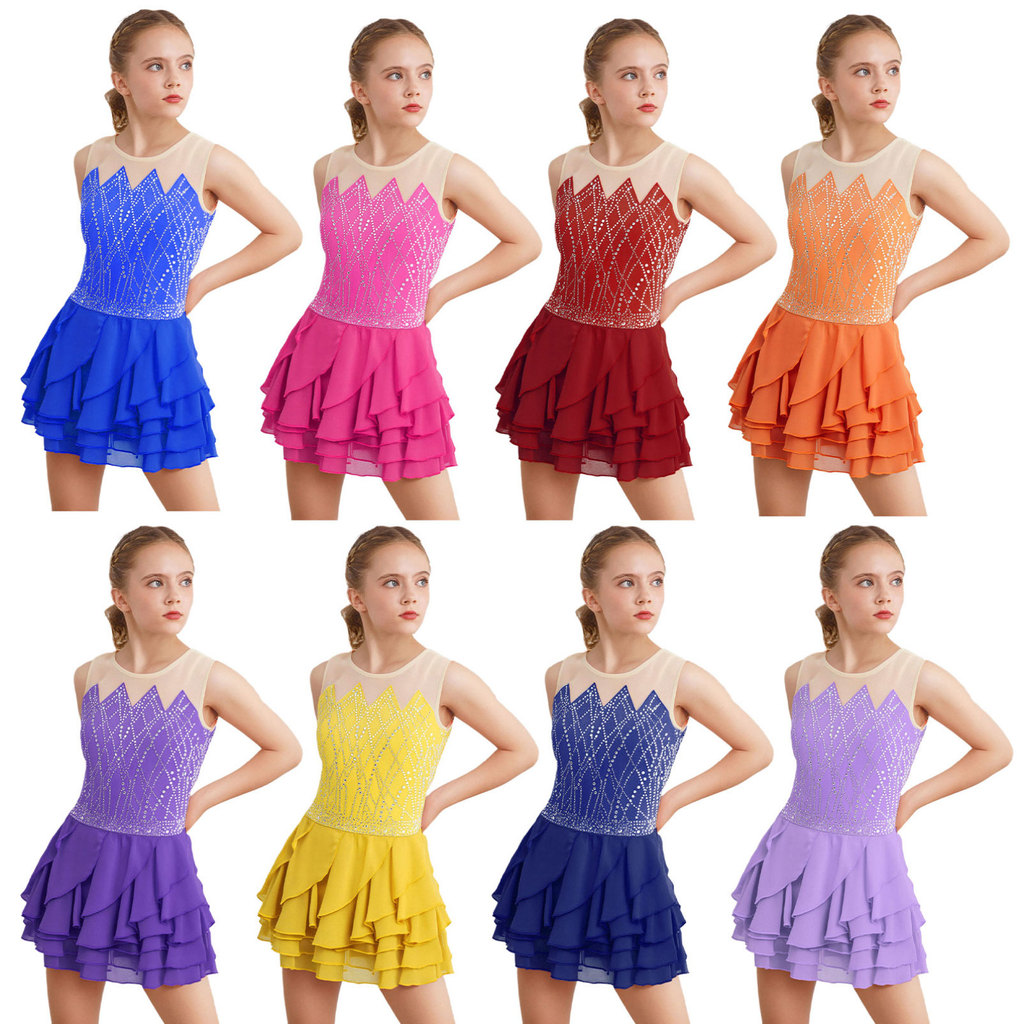 inhzoy Crianças Meninas Patinação Artística Dança Traje Em Torno Do Pescoço Sem Mangas Strass Brilhantes Camadas Babados em Oferta na Shopee