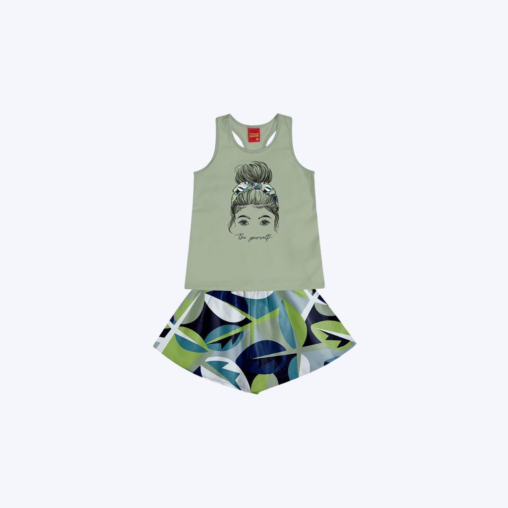 Conjunto Blusa Regata E Shorts Soltinho Estampado Infantil Menina Kyly P1001035 Rosa