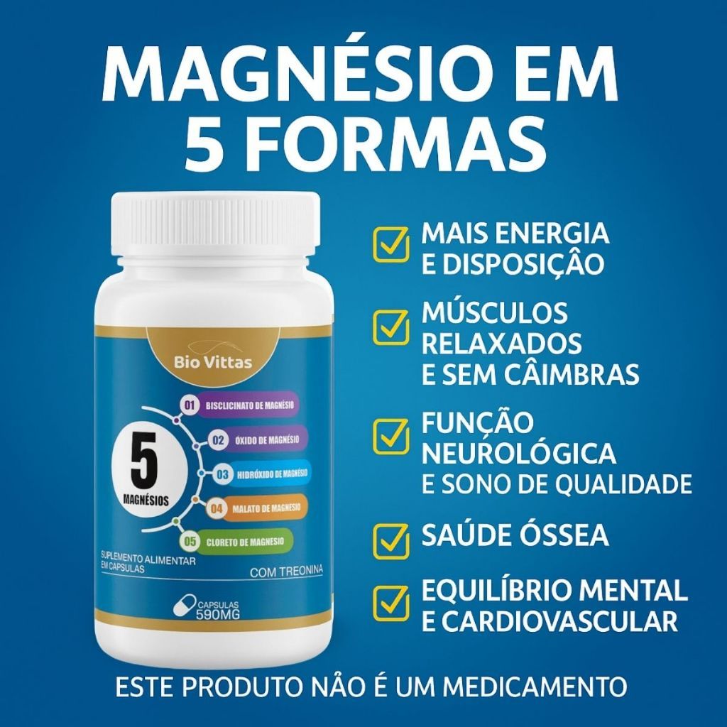 5 Magnésios em 1 590Mg (Malato / Óxido / Cloreto / Treonato / Bisglicinato / Hidróxido) - Bio Vitas