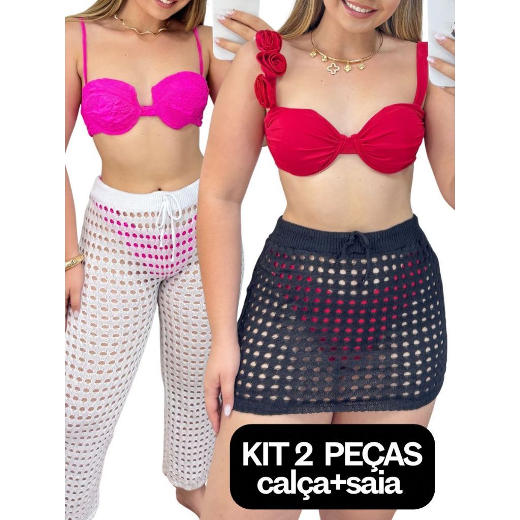 SAIA+CALÇA Tricot Furadinha - Calça Saída de Praia Feminina Estilo Verão / Mini Saia Tricô Pantalona
