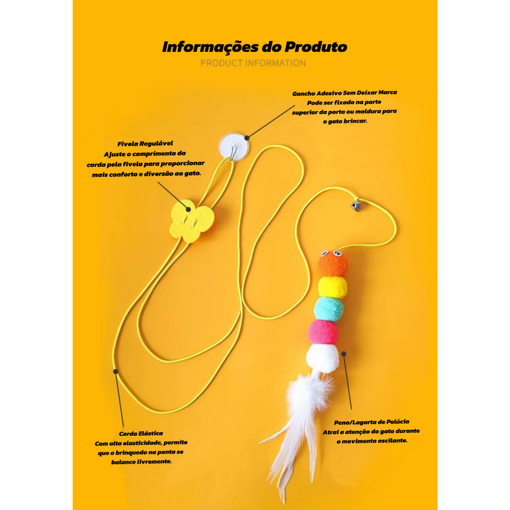 Brinquedo para Gatos Pendurado com Lagarta e Sino, Elástico Ajustável para Porta, Autodiversão