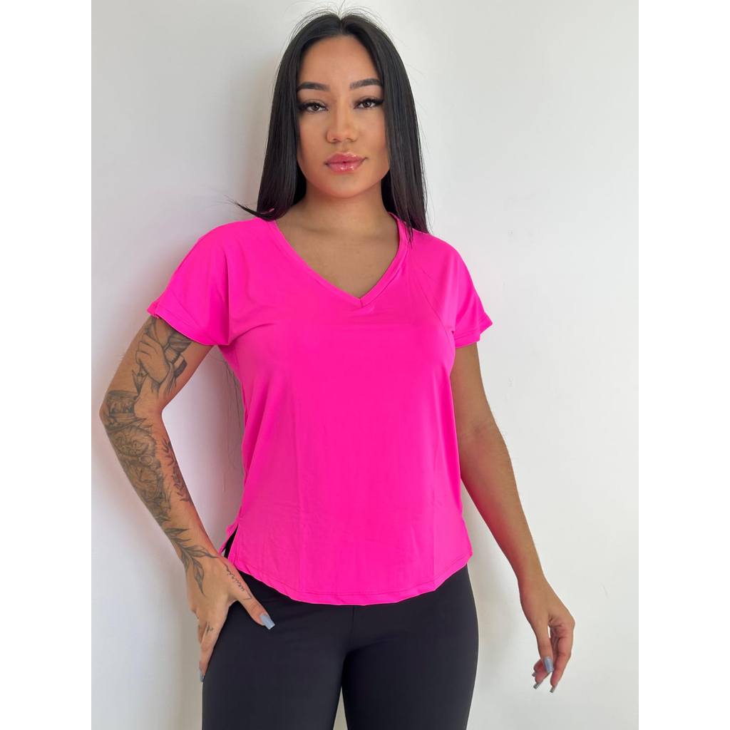 Camiseta Blusa Dry Fit Feminina Gola V Poliamida Academia Proteção UV50+