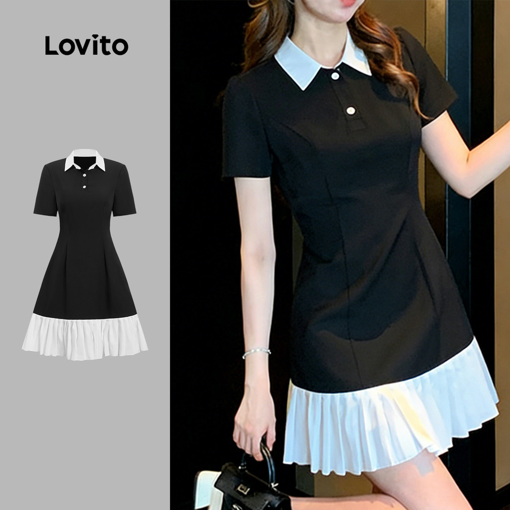 Lovito Elegante Vestido Preto Plissado Botões Delicado Formal Oficial Primavera/