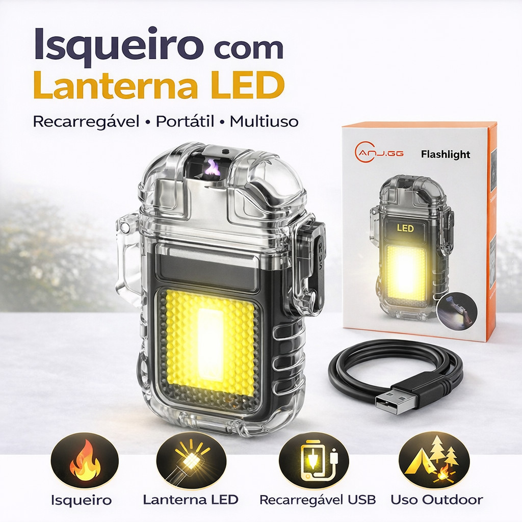 Isqueiro com Lanterna LED Recarregável USB para Camping Pesca e Trilhas em Oferta na Shopee