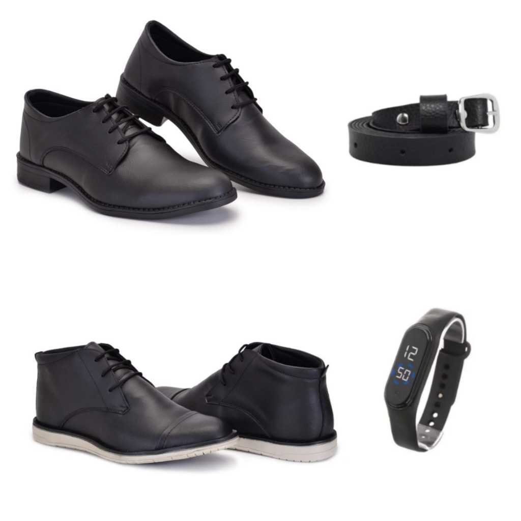 Sapato Social Cano Médio com Cadarço REF 605 e 600 + Cinto + Relógio Preto