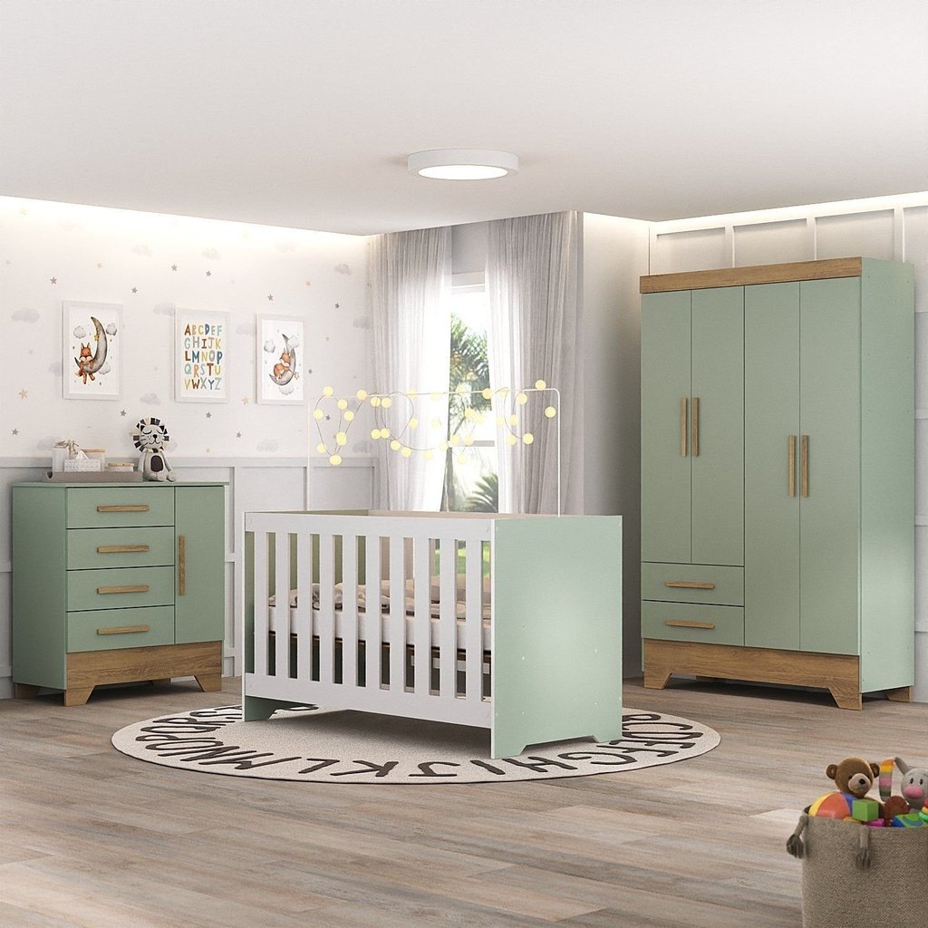 Quarto de Bebê Completo Guarda Roupa 4 Portas 2 Gavetas com Cômoda e Berço Lily Espresso Móveis Verde Fosco/Nature em Oferta na Shopee