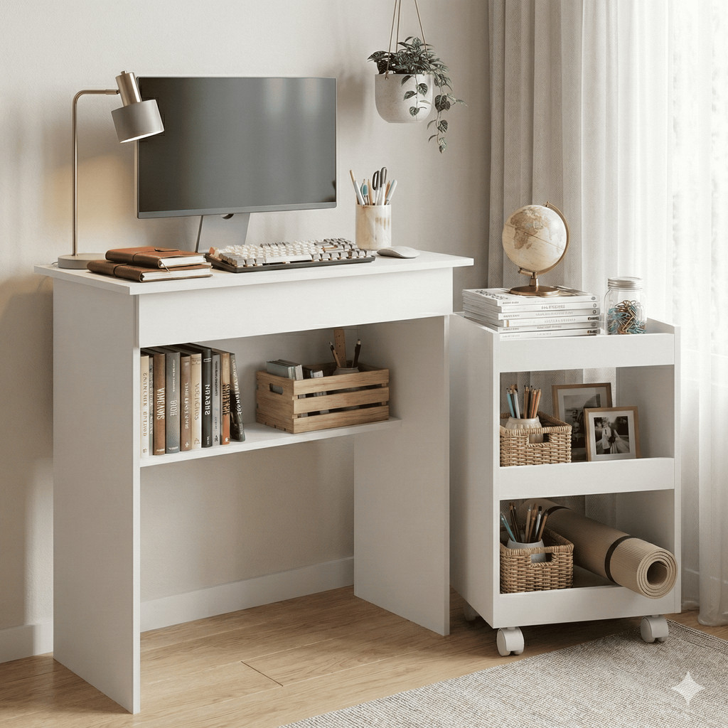 Mesa de Escritório Compacta com Gaveta + Carrinho para Livros Multiuso em Oferta na Shopee