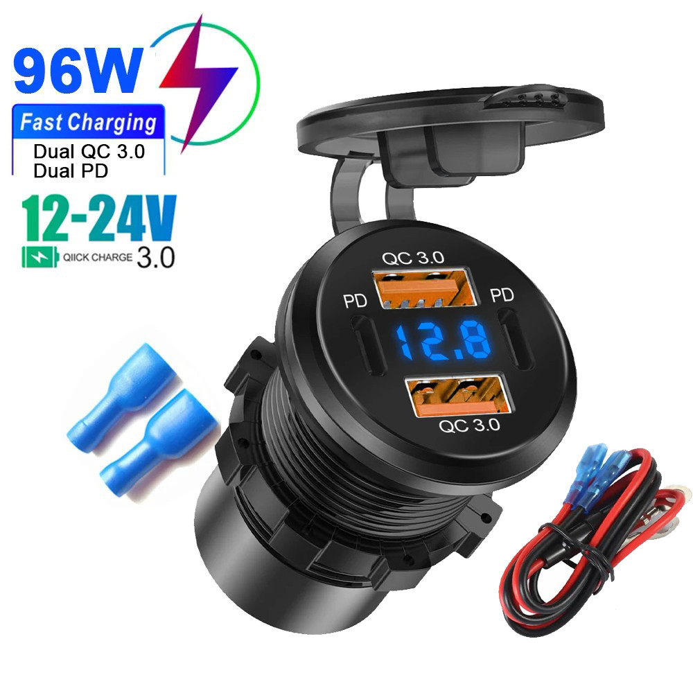 Novo 96W Duplo PD QC 3.0 USB Carregador De Carro Com Voltímetro Tomada Adaptador De Energia À Prova Dwaterproof Água Par