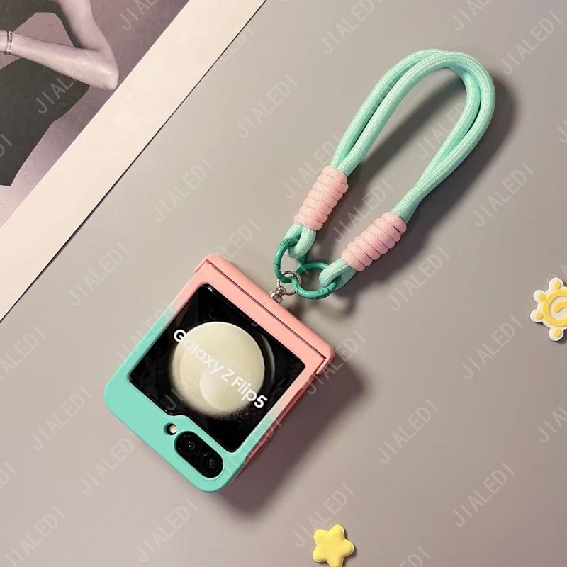 Rosa Verde Gradiente Alça De Mão Dobradiça Caso Telefone Para Samsung Galaxy Z Flip 7 FE 6 5 4 3 flip6 zflip7 Capa