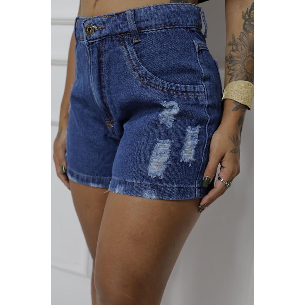 Short Jeans Feminino Cintura Alta Sem Elastano Destroyed em Oferta na Shopee