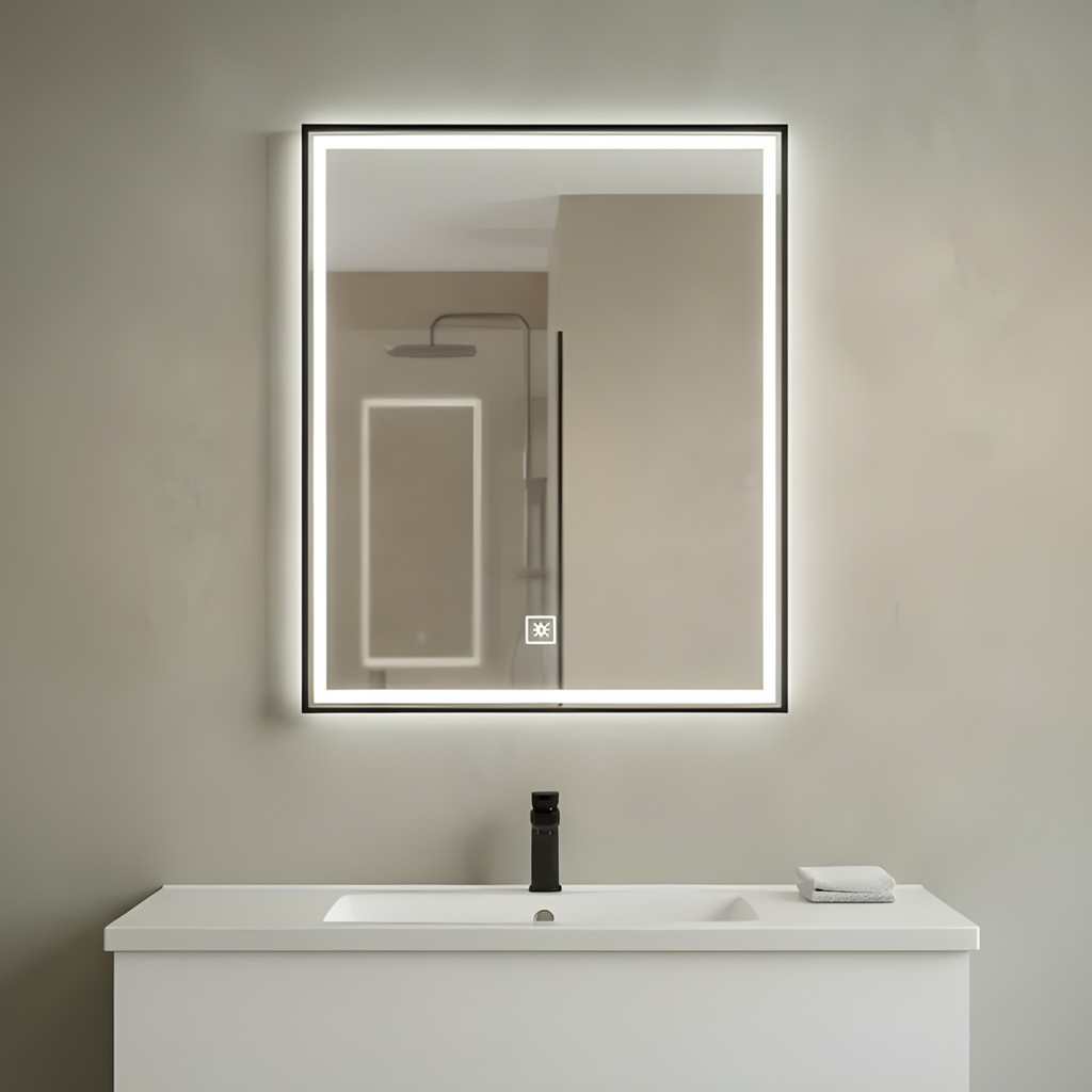Espelho De Banheiro Lavabo Com Led 3 Luzes Preta 50x70cm Preto