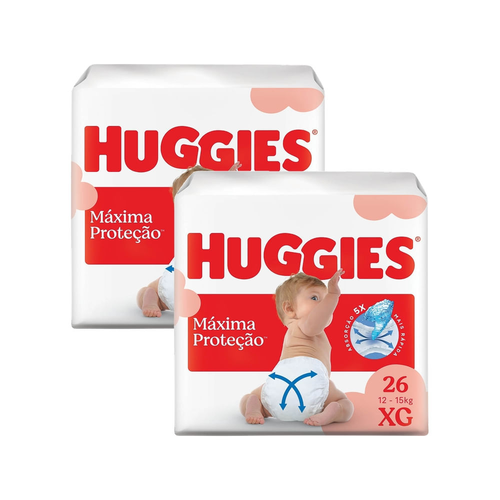 Kit 2 Fralda Huggies Máxima Proteção Tamanho XG Mega 26 Unidades Descartáveis em Oferta na Shopee