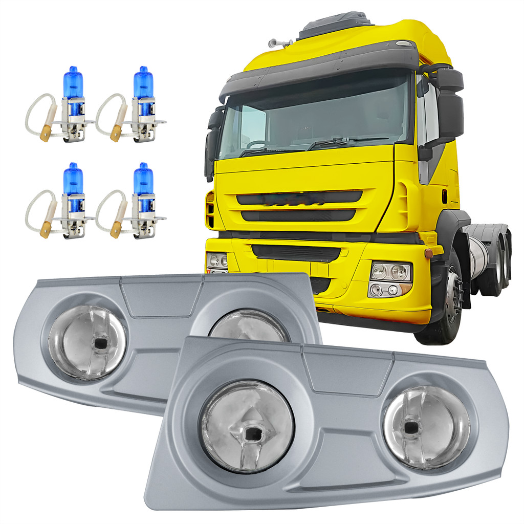 Kit Farol Milha Vidro com Grade + Lampada Super Branca Iveco Stralis 2008 09 10 11 a 2020