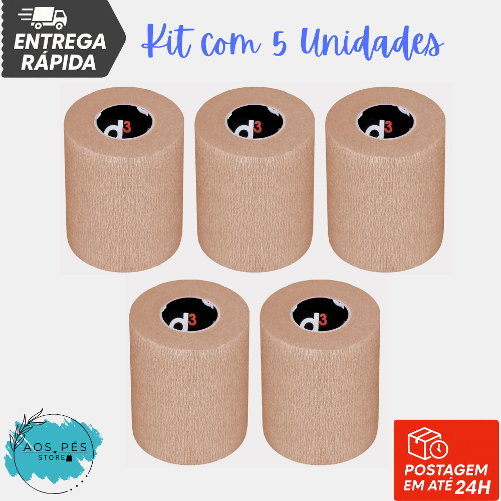 Kit 5un Bandagem Elástica Coesiva D3 7,5cm x 5mt Bege Atadura Autoadesiva Compressiva Ortopédica