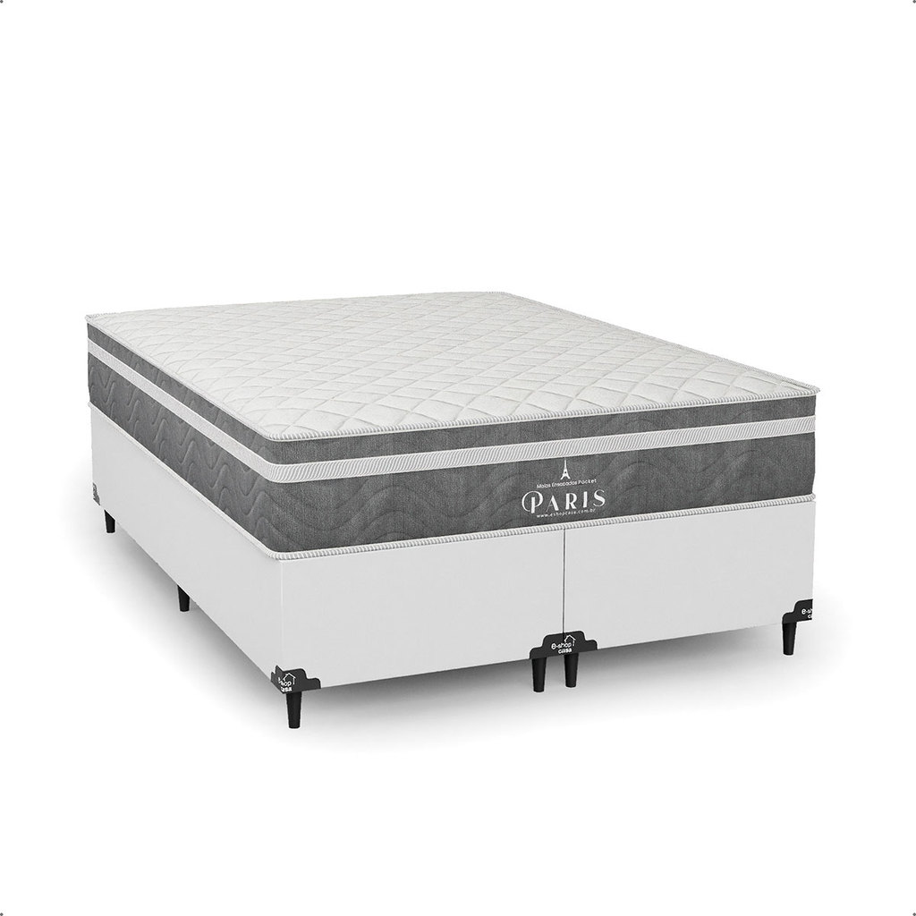 Cama Box Casal Bipartido Couro Branco + Colchão Paris Molas Ensacadas Pocket Cinza - e-Shop Casa