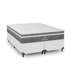 Cama Box Casal Bipartido Couro Branco + Colchão Paris Molas Ensacadas Pocket Cinza - e-Shop Casa