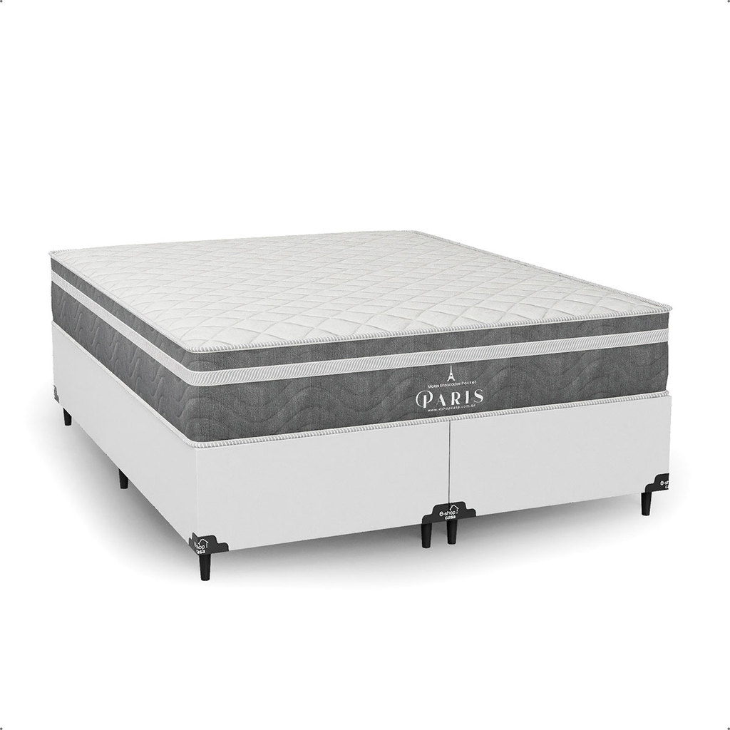 Cama Box Queen Couro Branco + Colchão Paris Molas Ensacadas Cinza - e-Shop Casa