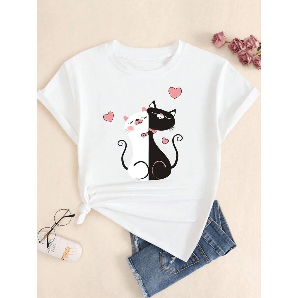 Tshirt Feminina Gatos Corações  Estilosa Estampada Lançamento Camiseta 100% Algodão Camisetão Camisa - Estampaê
