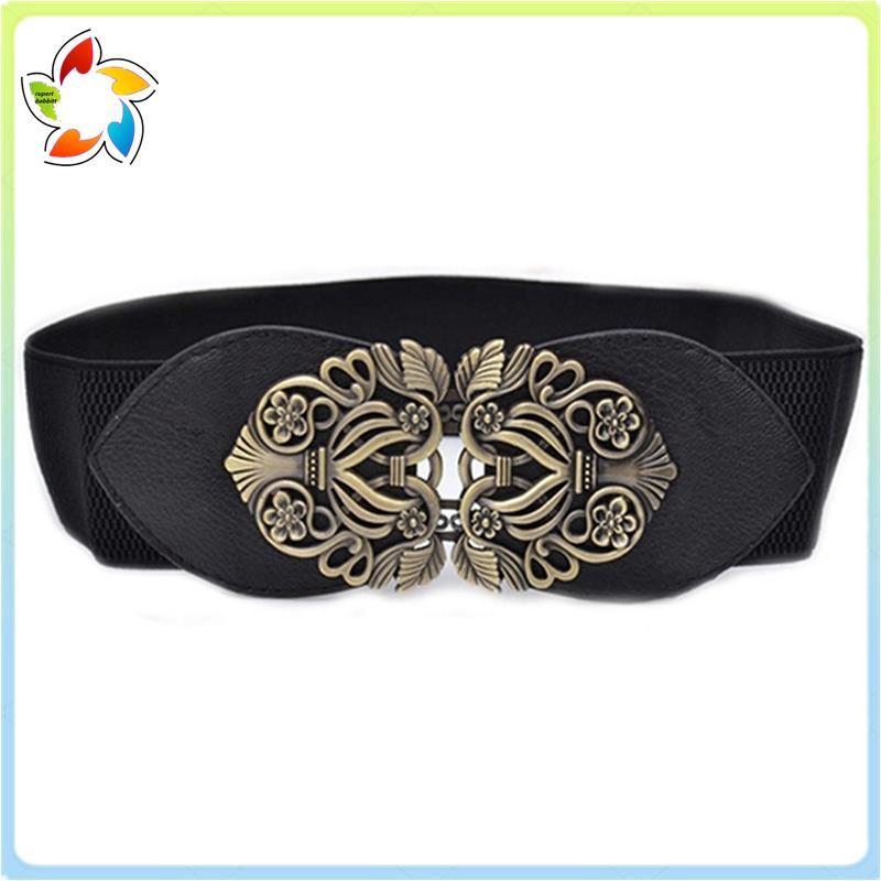 Feminino Retro Flor Elástica Estiramento Fivela Cintura Larga Cinto (Preto)