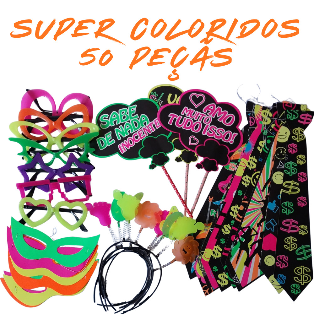Kit Festa Neon 50 Peças – Tiaras, Óculos, Gravatas, Plaquinhas e Máscaras Fluorescentes