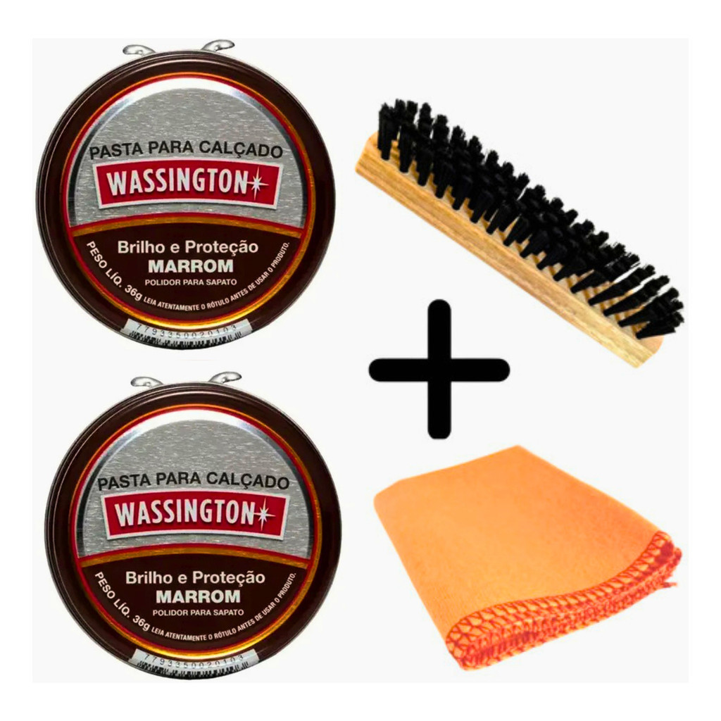 Kit 2 Graxas Cera Pasta Wassington 36g Marrom 1 Escova 1 Flanela Polidor