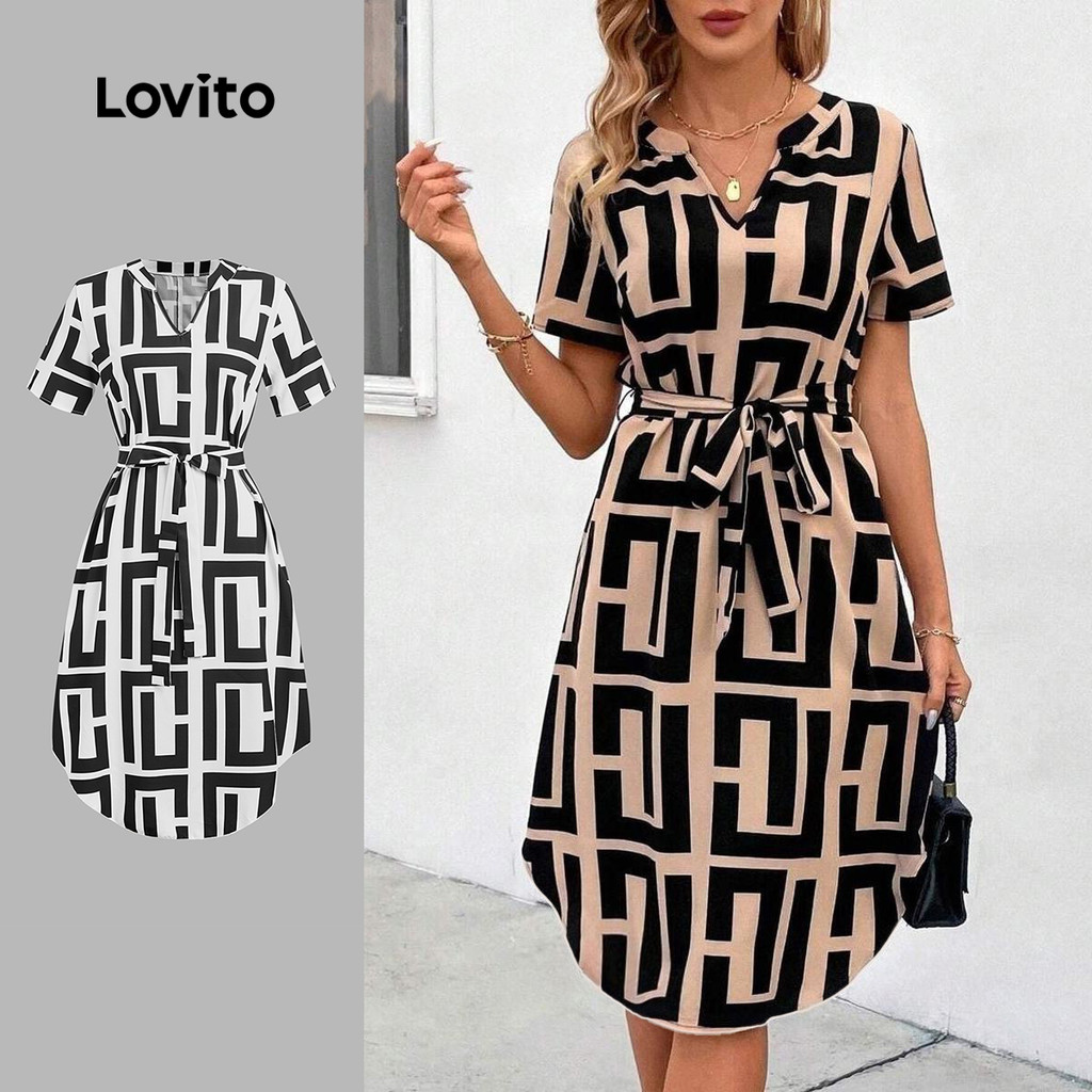 Lovito Vestido Casual Com Estampa Geométrica Vestido Com Cadarço Para Mulheres LNL75255
