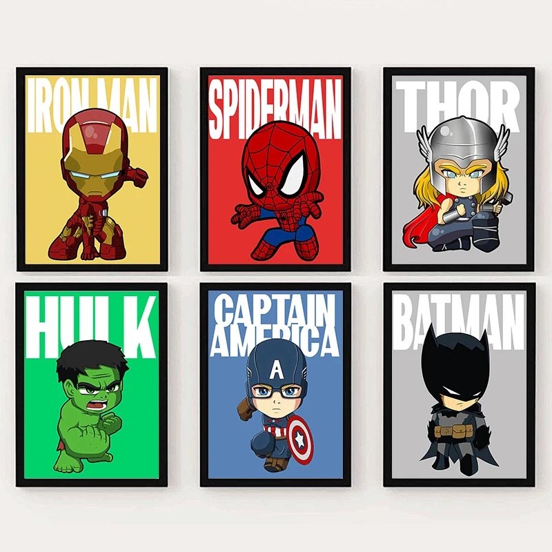 6 Quadros Decorativos (avengers) pintura desenhos super-heróis (homem-de-ferro) (capitão-américa) (thor) (hulk) (batman)