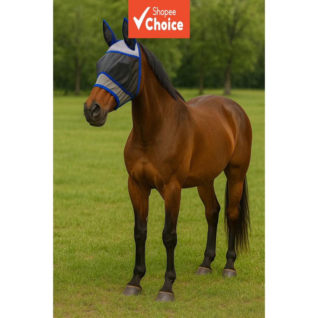 Máscara De Mosca De Cavalo Com Orelhas – Malha Respirável Proteção Facial Completa , Acabamento Azul , Conforto O Dia To