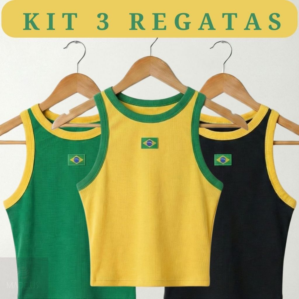 KIT 3 Regatas Cropped do Brasil Feminina Ribana Copa Bandeira BORDADA