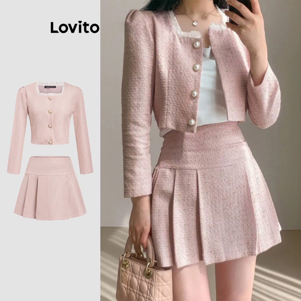 Lovito Conjuntos De Saia Casual Lisa Plissada Com Botões Frontais Ou Calças Para Mulheres LNM79416 em Oferta na Shopee