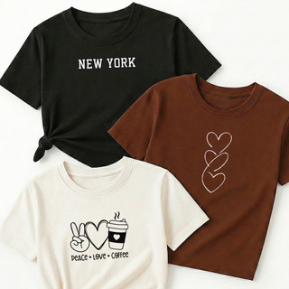 Camiseta Feminina Kit 3 New York Minimalista Preto Três Corações Vertical Marrom Peace Love Coffee Off White