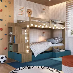 Cama Infantil Beliche 188x78 com Escada com Nichos Grade de Proteção e Gavetas com Rodas Aveiro/Azul