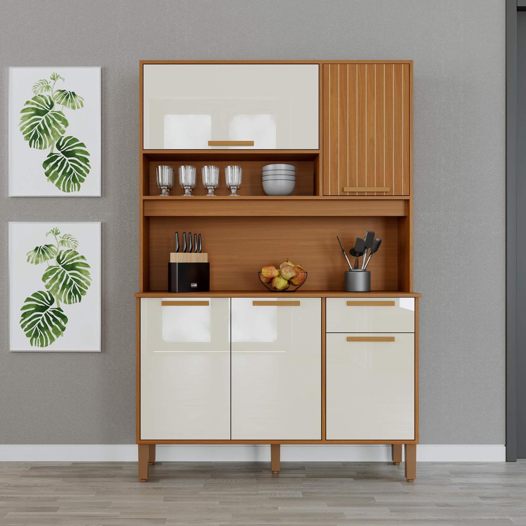 Armário De Cozinha Compacta Fidelitá Grécia 120cm 5 Portas 1 Gaveta Com Tampo e Fundo Freijó/Off-White