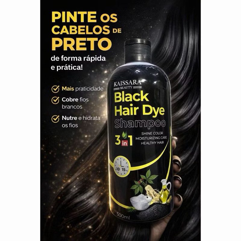 Shampoo Que Escurece Cabelo Branco Kaissara 500ml Preto Intenso Tonalizante Prático Uso Diário Tintura de Cabelo