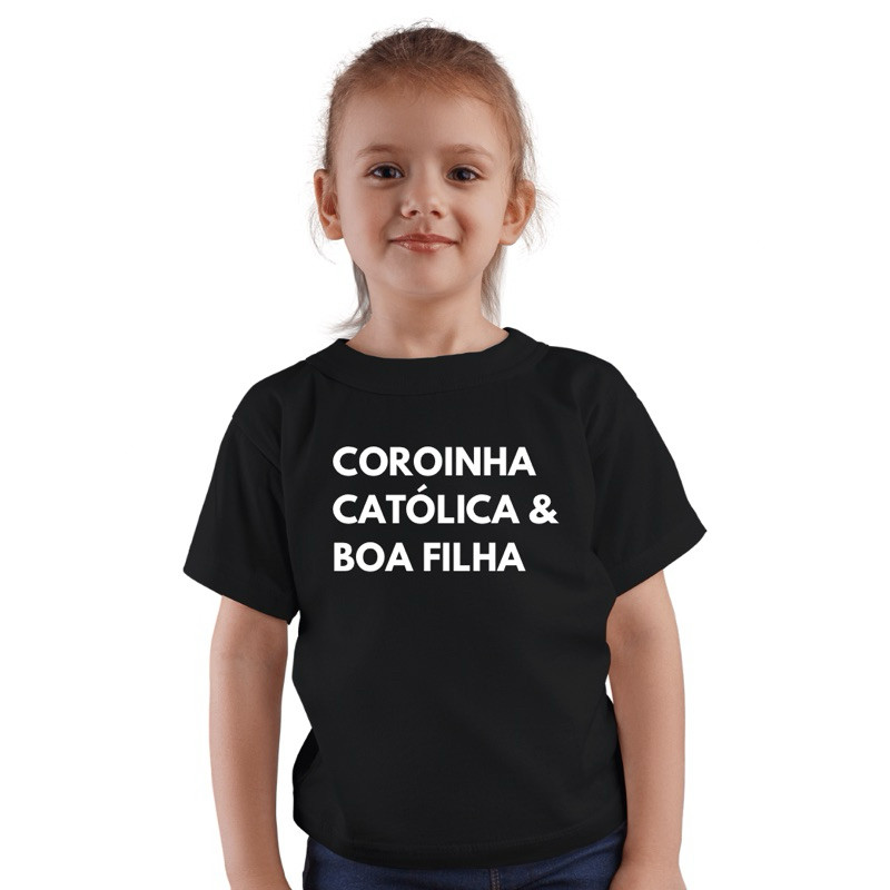 Camiseta Preto Branca Unissex Coroinha Católico(a) e Bom Filho(a) Infantil