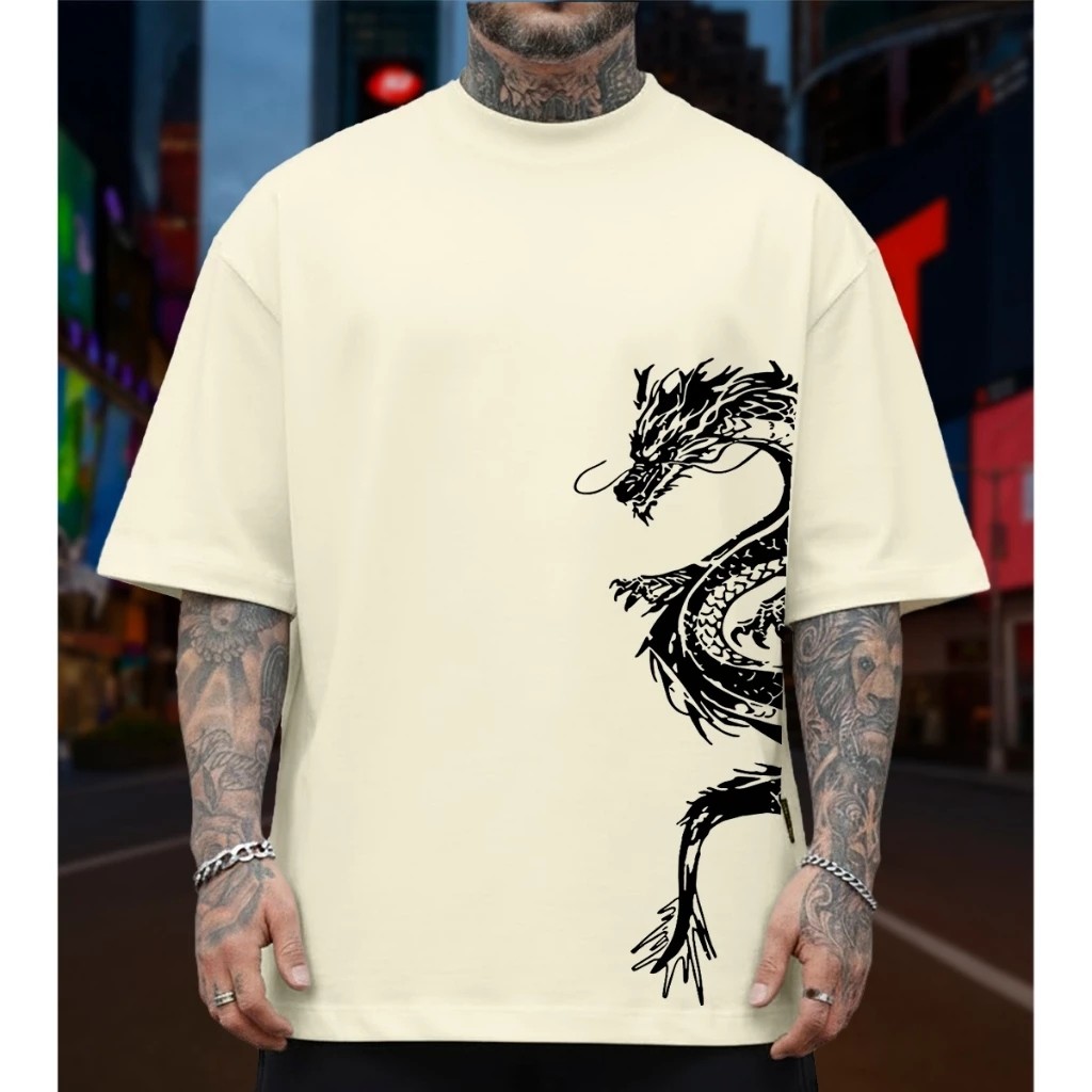 Camiseta Masculina Streetwear Dragão Lateral Estampada Lançamento Camiseta 100% Algodão Camisetão - Excelencia