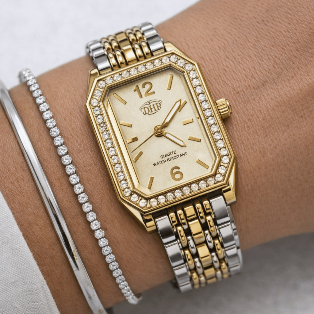 Relógio Feminino Luxo Bicolor Aço Inoxidável Quadrado Elegante Pulseira Premium Fashion Dourado Prata Social em Oferta na Shopee