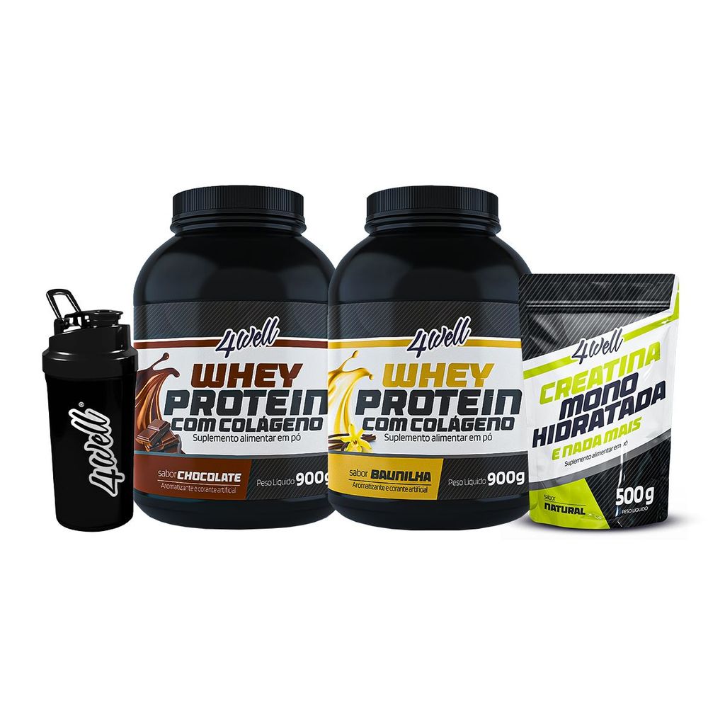 Combo 2x Whey Protein - Sabor Chocolate e Baunilha 900g + Creatina 500g + Coqueteleira - 4well